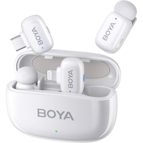BOYA Mini për iPhone Lightning & Type-C White – Mikrofon Wireless 2.4GHz me Charging Box