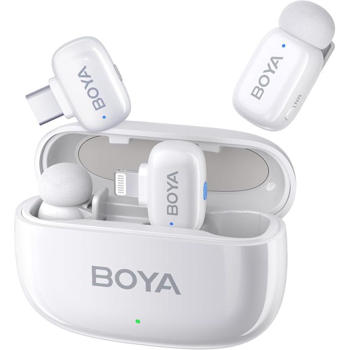 BOYA Mini për iPhone Lightning & Type-C White – Mikrofon Wireless 2.4GHz me Charging Box